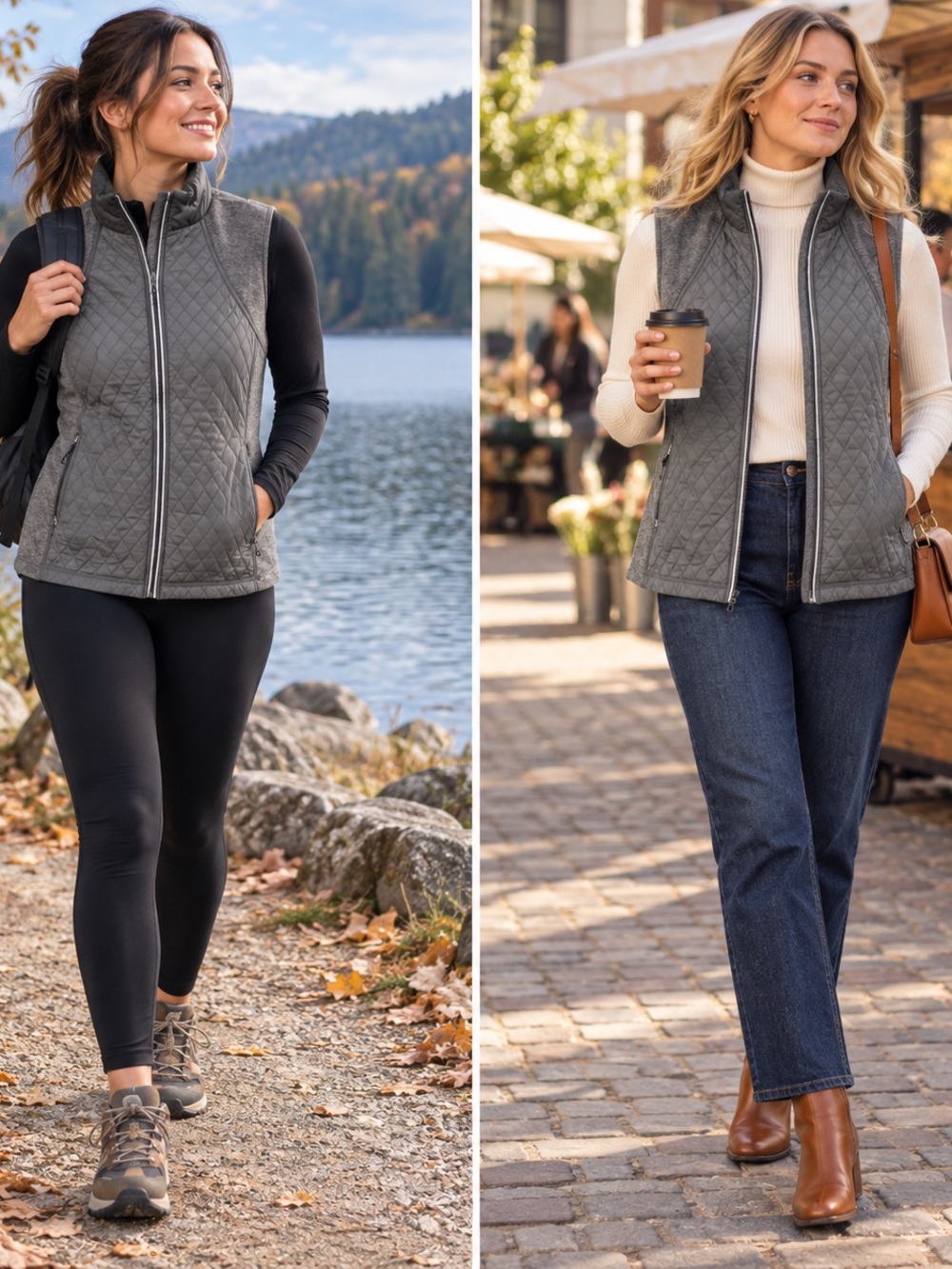 Orvis Quilted Gray Front Vest with Fleece Panels